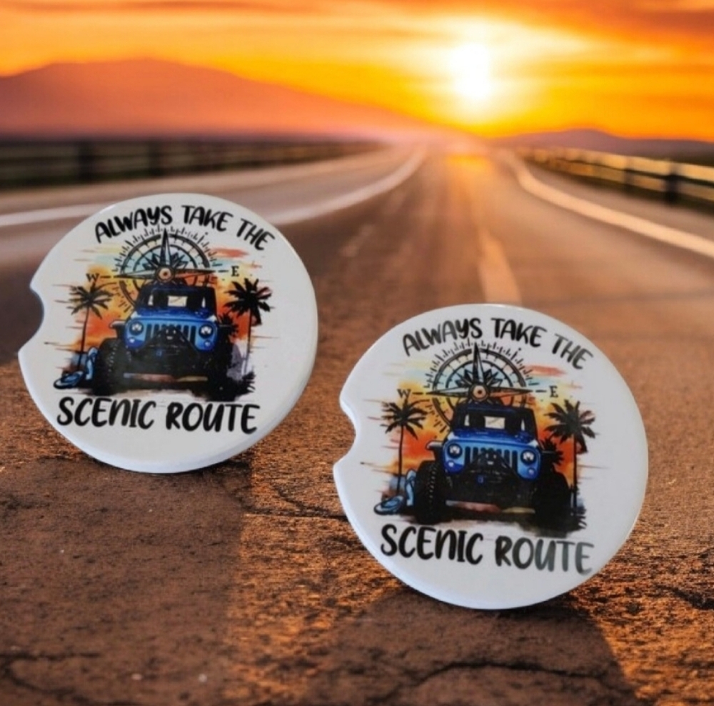Set Of 2 Ceramic Car Coasters Always Take the Scenic Route
